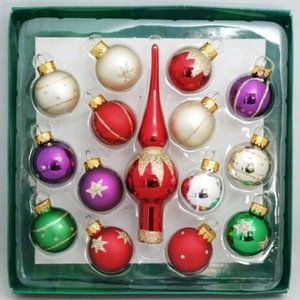 Red Tree Topper Mini Ornament Set 15 Gold Purple Green Ball Finial Glass 1.25"